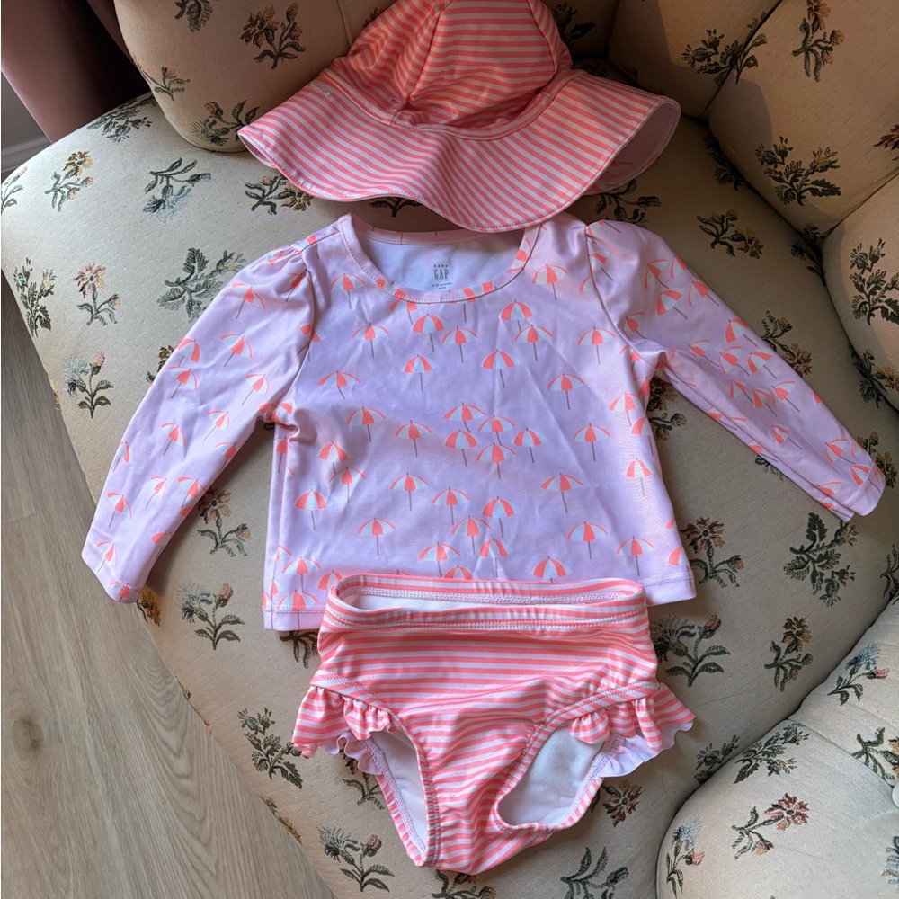 Baby Gap Pink and White Swimsuit with Matching Sunhat 6-12 months
